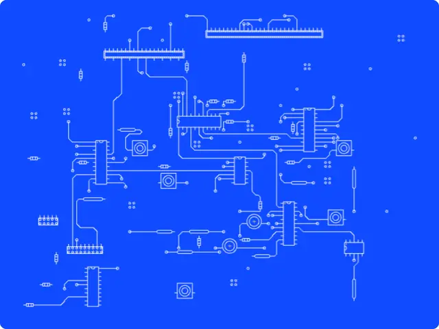 Circuit Blueprint: Generates detailed PCB layouts and electronic schematics: chips, connectors, passive parts and symbols wired by routed traces, in blueprint, dark or paper palettes.