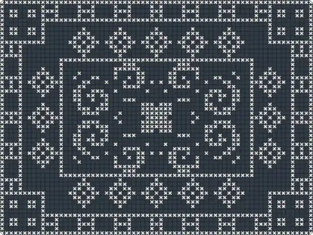 Cross-Stitch Tile: Symmetric two-colour charted pattern in the style of antique filet-crochet and cross-stitch charts, filling the whole frame: borders, corner flowers, diamond band, scrolls and a central rosette.