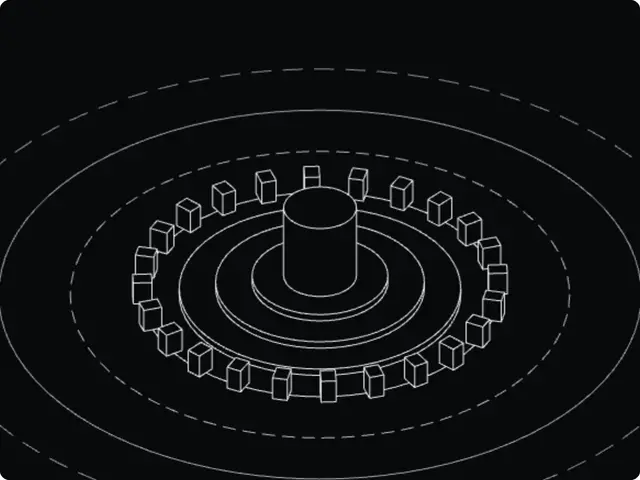 Isometric Wireframe Scene: Isometric line-art scene: a central object on stacked platforms, a ring of blocks facing it and wide concentric orbits, drawn as hidden-line wireframes.