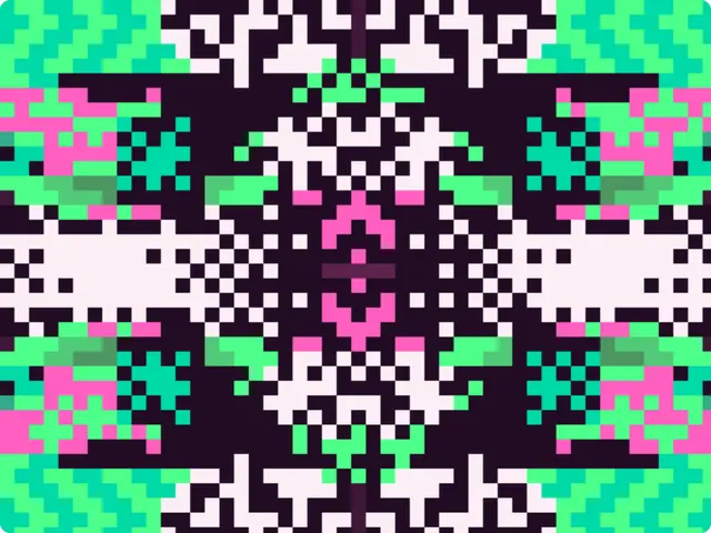 Mirror Pixel Totem: Four-way symmetric pixel art of dither, chevron, ring and banded zones, with brushes to paint extra zones by hand.