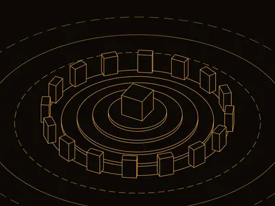 Isometric illustration generator example: Isometric Wireframe Scene, Amber cube preset